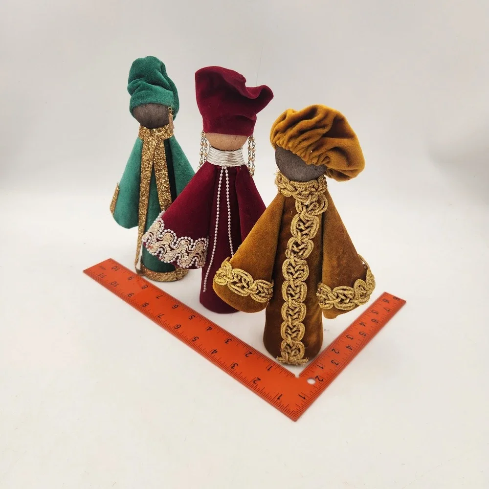 Handmade Vintage Velvet Three Wise Men  Upcycled Thread Cone Figures Atlantic